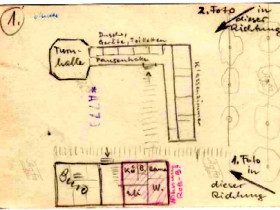 Verwaltungsgebäude und Schule auf einer Zeichnung von W. Roth-Bernstein